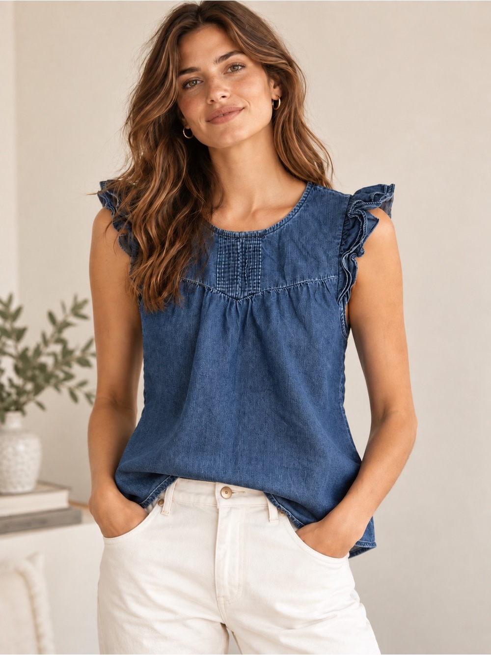 J.Crew Denim Ruffle Sleeve Top – Size Large